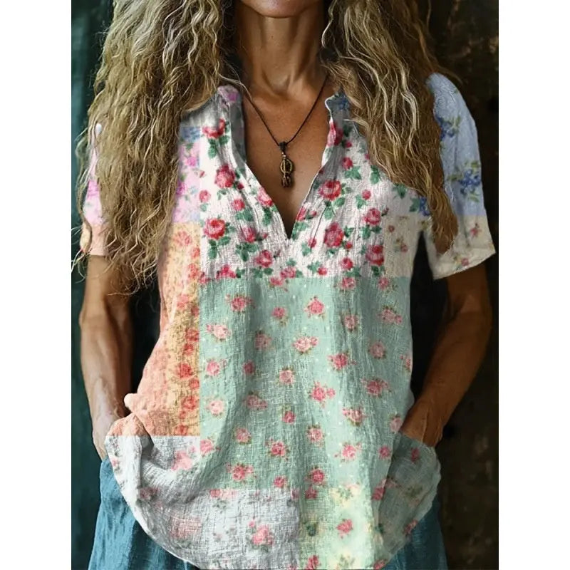 3D Printed Women's Spring And Summer Loose V-neck Short Sleeve Top null