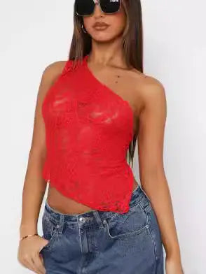 Ins Lace Backless Top Summer Solid Color Waistless Asymmetrical Sloped Neck Vest Streetwear Womens Clothes null