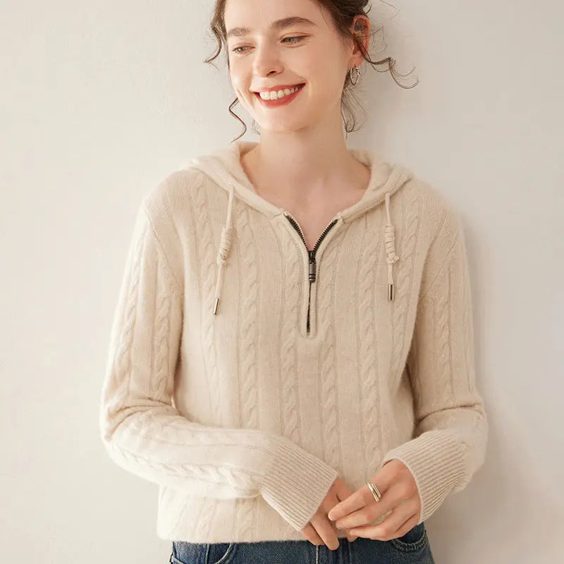Cashmere Sweater Women's Hooded Twist Half-open Collar Sweater Nipaaj