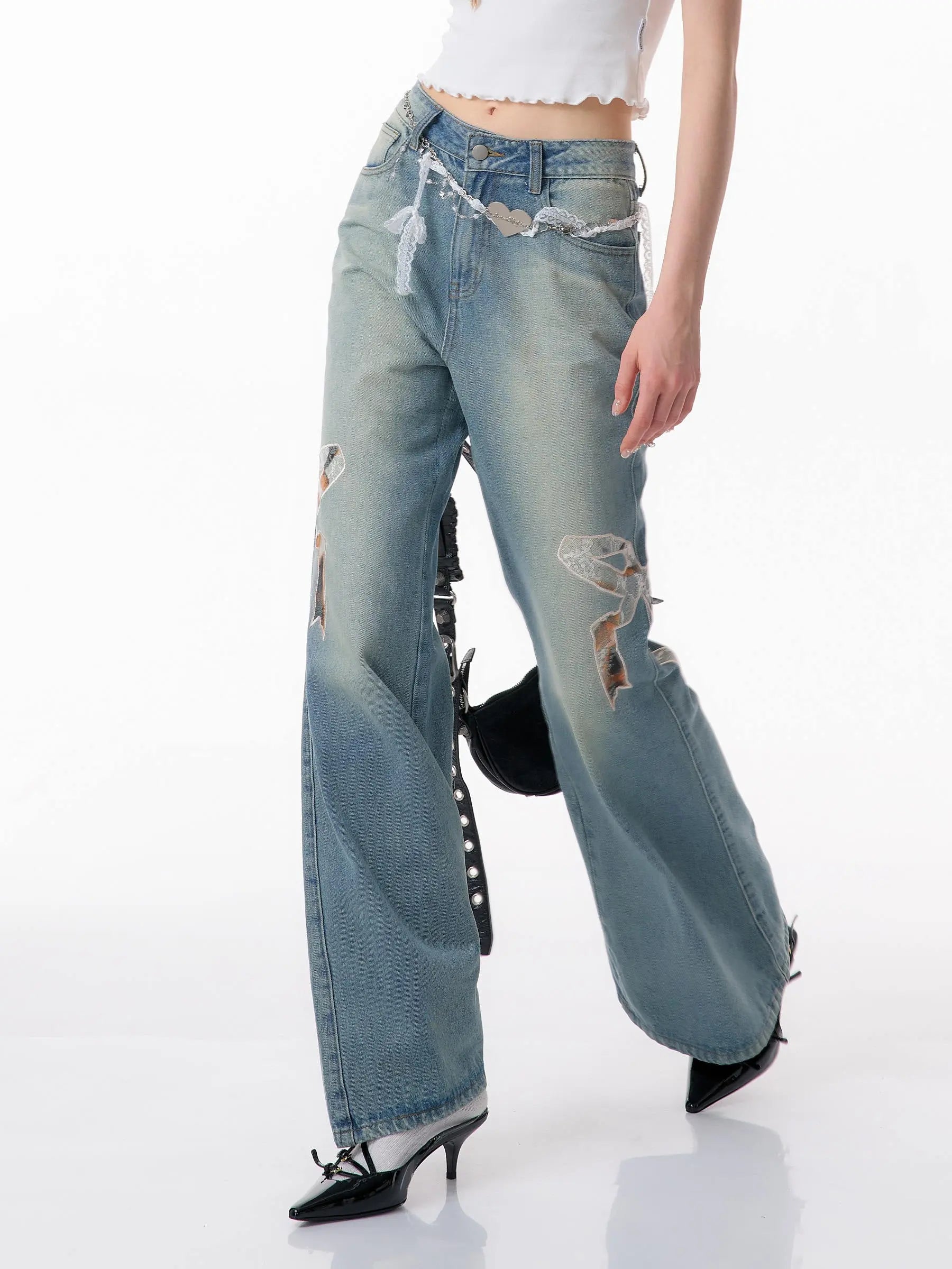 High Waist Bow Patch Wide Leg Straight Jeans Nipaaj