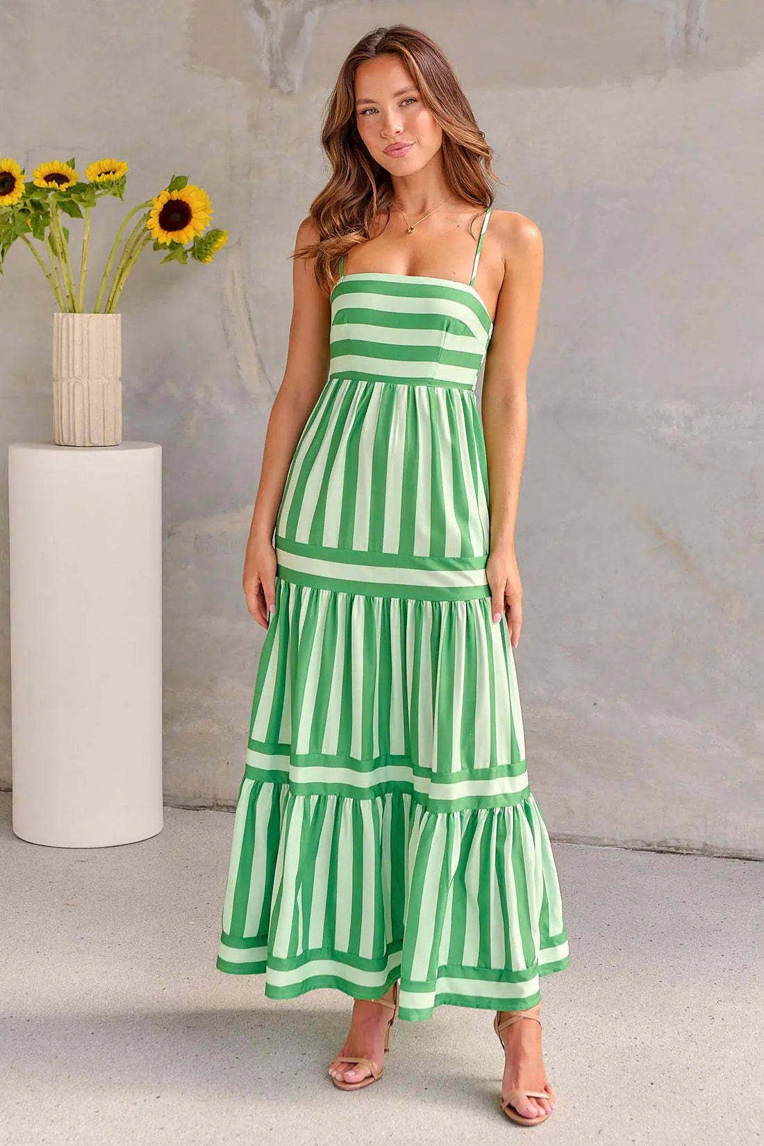 Summer Striped Printed Suspender Long Dress With Pockets Fashion Square Neck Backless Dresses For Beach Vacation Women Clothing null