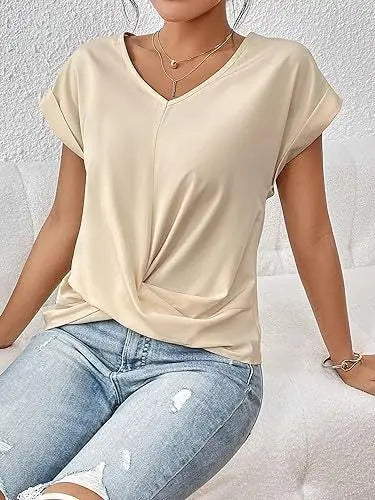 Fashion V-neck Short-sleeve T-shirt Summer Casual Irregular Knot Top For Women Clothing Nipaaj