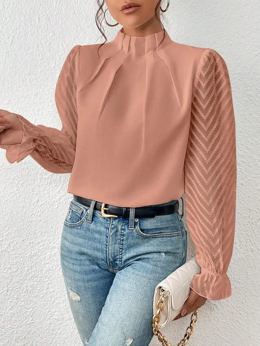 Women's Half-turtleneck Stitching Wavy Chiffon Long-sleeved Top Nipaaj
