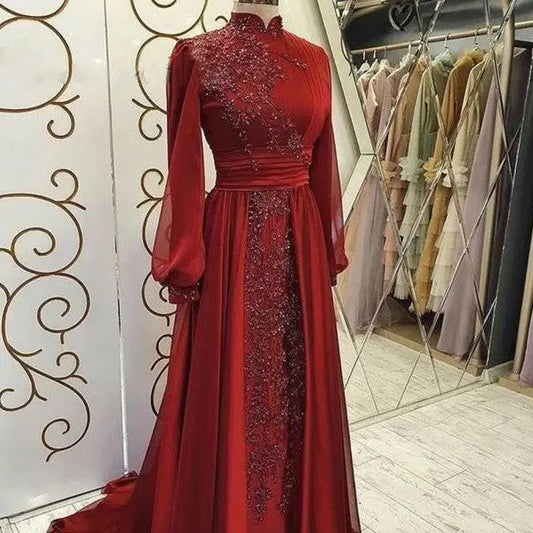 Stand Collar Luxury Long Sleeve Evening Dress Nipaaj