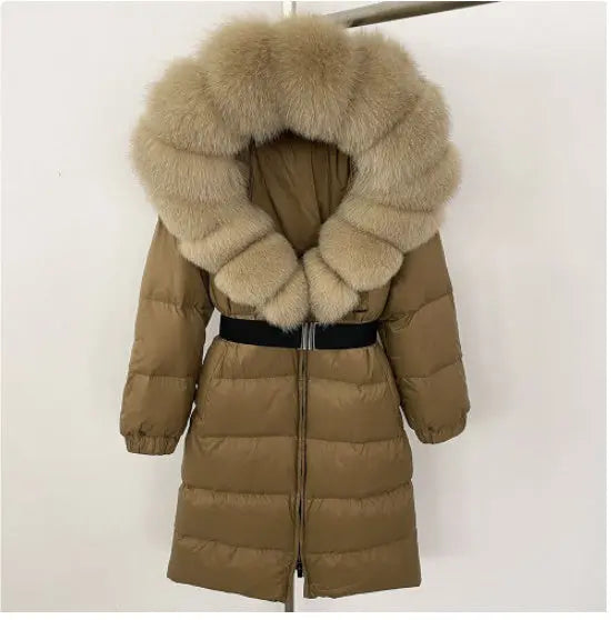 Women's Long Cinched Hoodie Real Fox Fur Collar Coat null