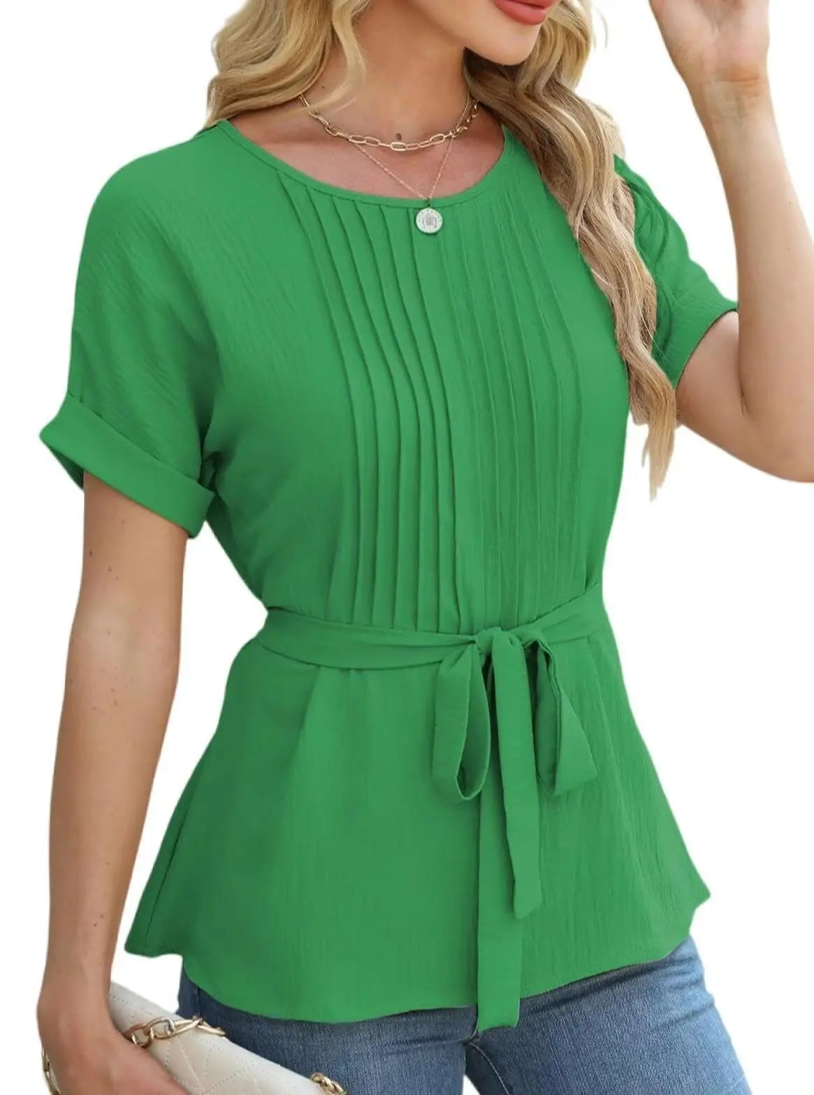 Casual Shirt Ruffled Pleated Round Neck Short Sleeve Top Nipaaj