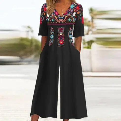Spring And Summer Print Women's Pocket Collar Jumpsuit Nipaaj