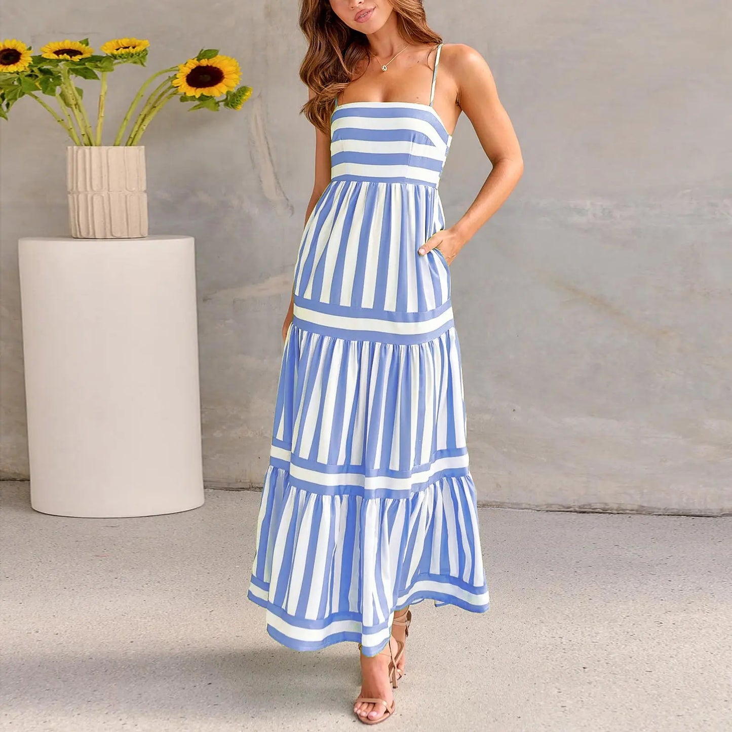 Summer Striped Printed Suspender Long Dress With Pockets Fashion Square Neck Backless Dresses For Beach Vacation Women Clothing null
