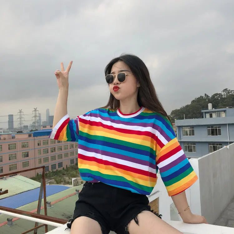 Rainbow striped T-shirt women null