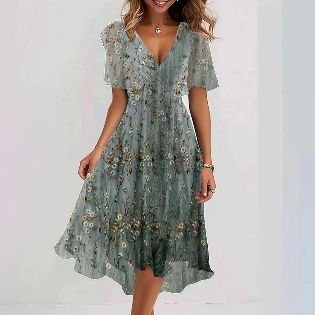Chiffon Printed Short Sleeve Dress Summer Elegant V-neck Dresses Womens Clothing null