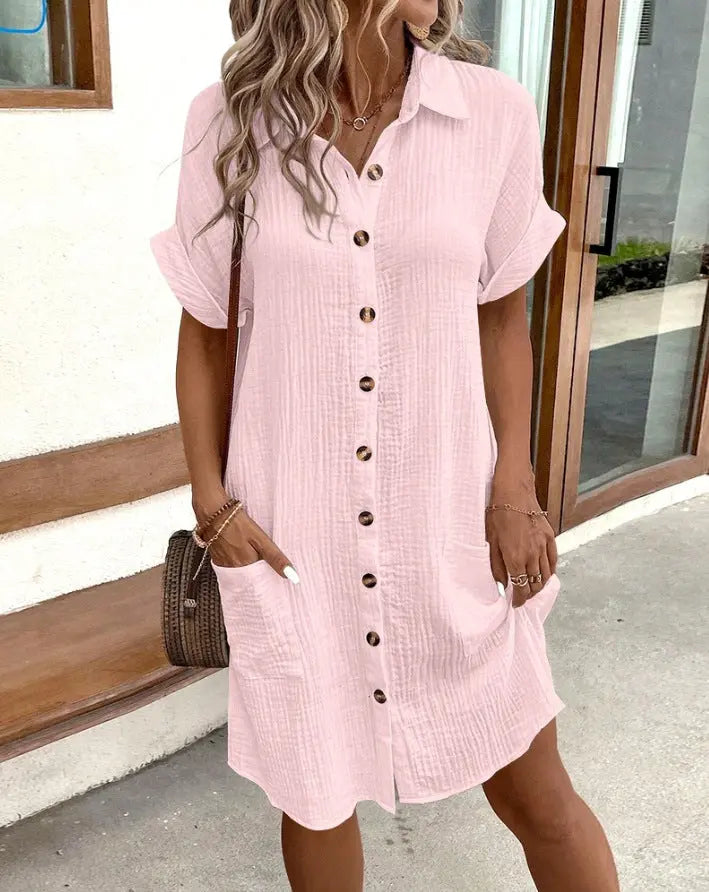 Summer Short Sleeve Shirt Dress Fashion Solid Color Single-breasted Mid-length Loose Dress null