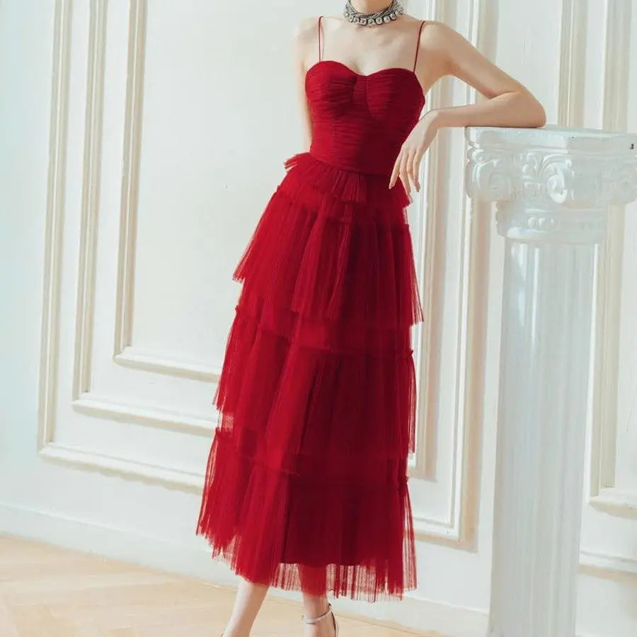Suspender Spread Chest Temperament Dark Red Flowing Small Dress Long Skirt Nipaaj