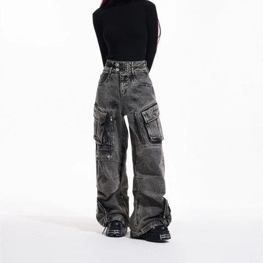 Design Retro Work Style Multi Pocket Jeans Nipaaj