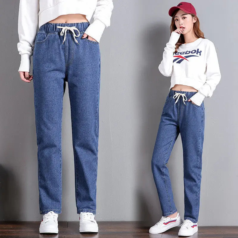 Korean Style Women's Straight Casual Elastic Waist Tied High Waist Student Jeans Nipaaj