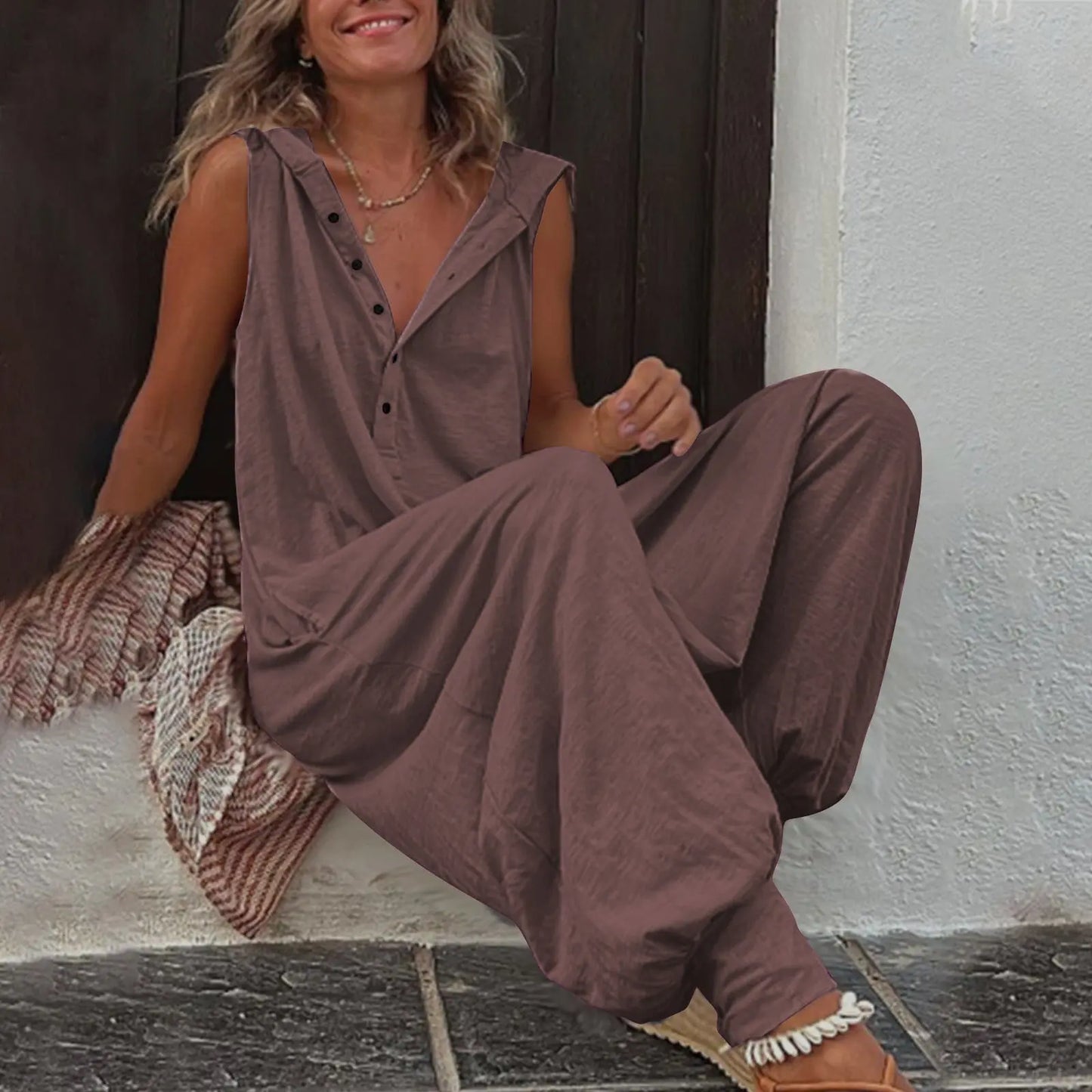 Hot Selling Button Up Hooded Sleeveless Pants In Stock, Jumpsuit With Pockets null
