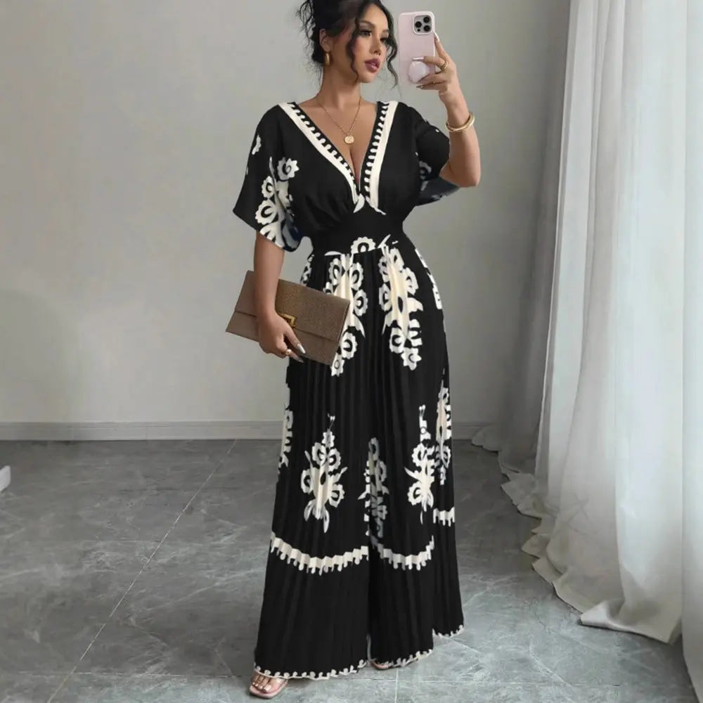 Casual Printed Loose Short-sleeved Jumpsuit Nipaaj
