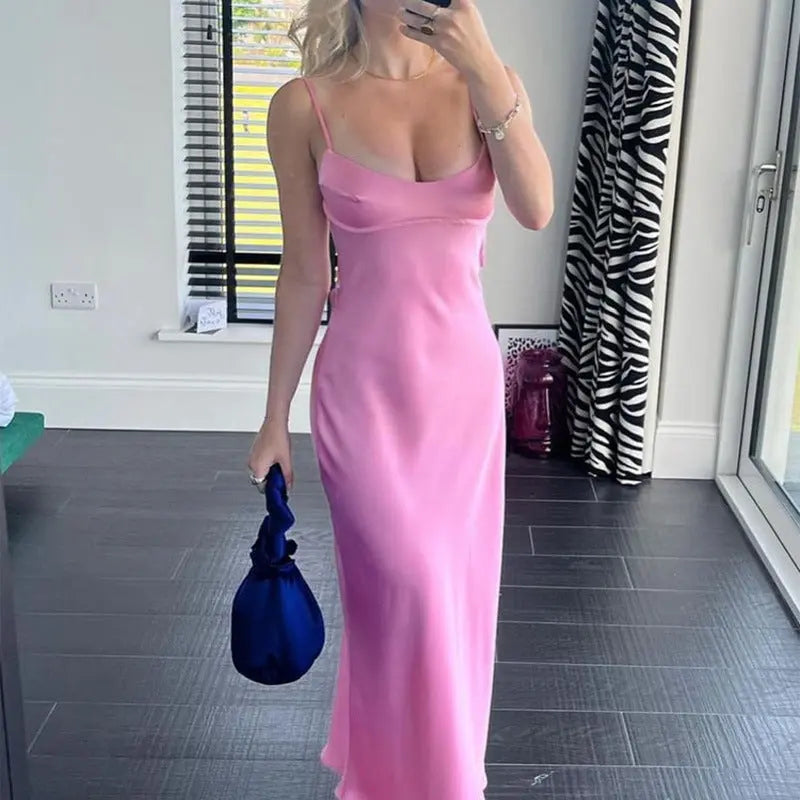 Women Camis Satin Long Dresses Elegant Sleeveless Slip Holiday Party Dresses Sexy Casual Backless Summer Dresses null