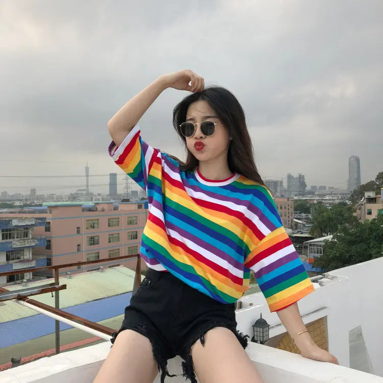Rainbow striped T-shirt women null