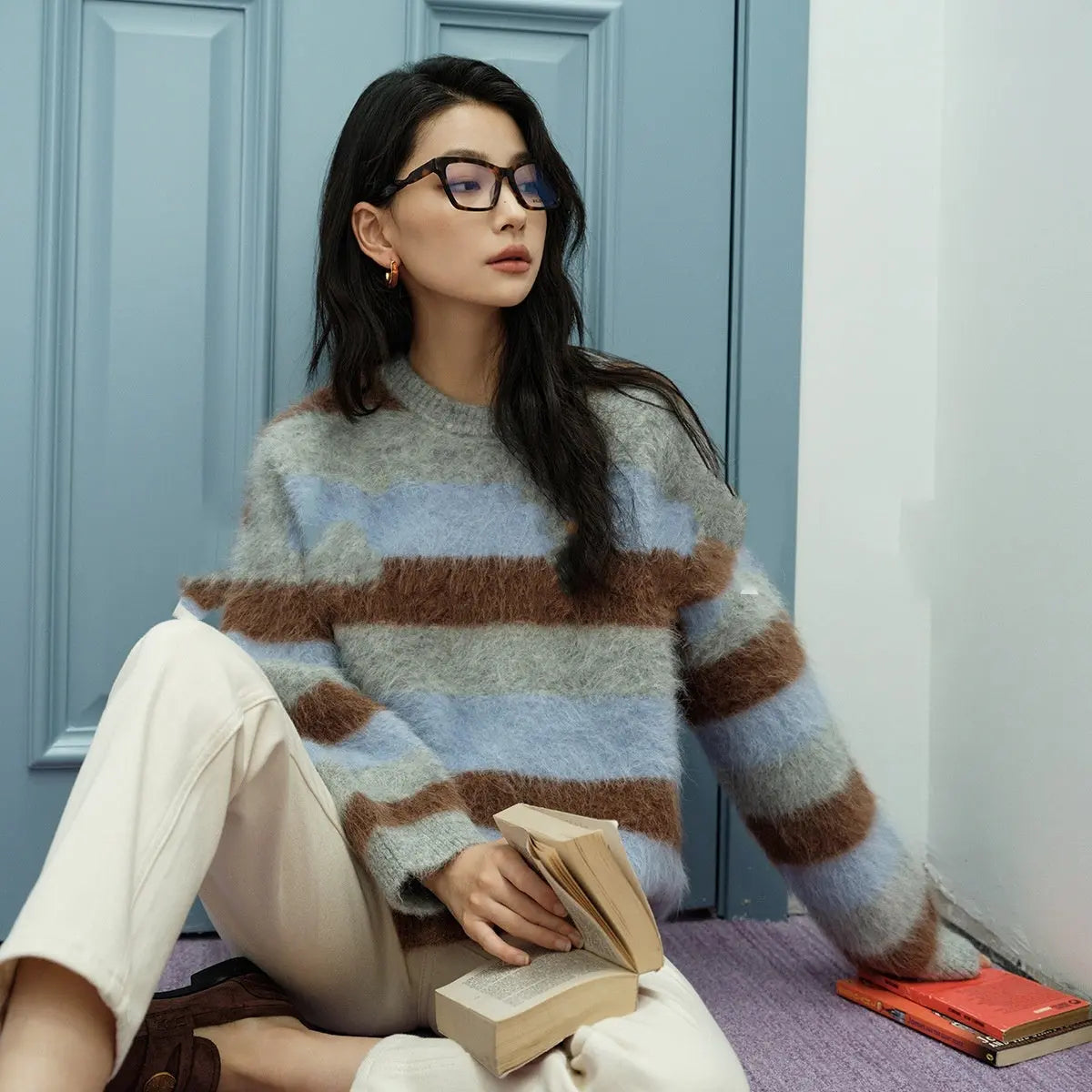 Retro High Street Color Striped Lazy Leisure Pullover Sweater Nipaaj