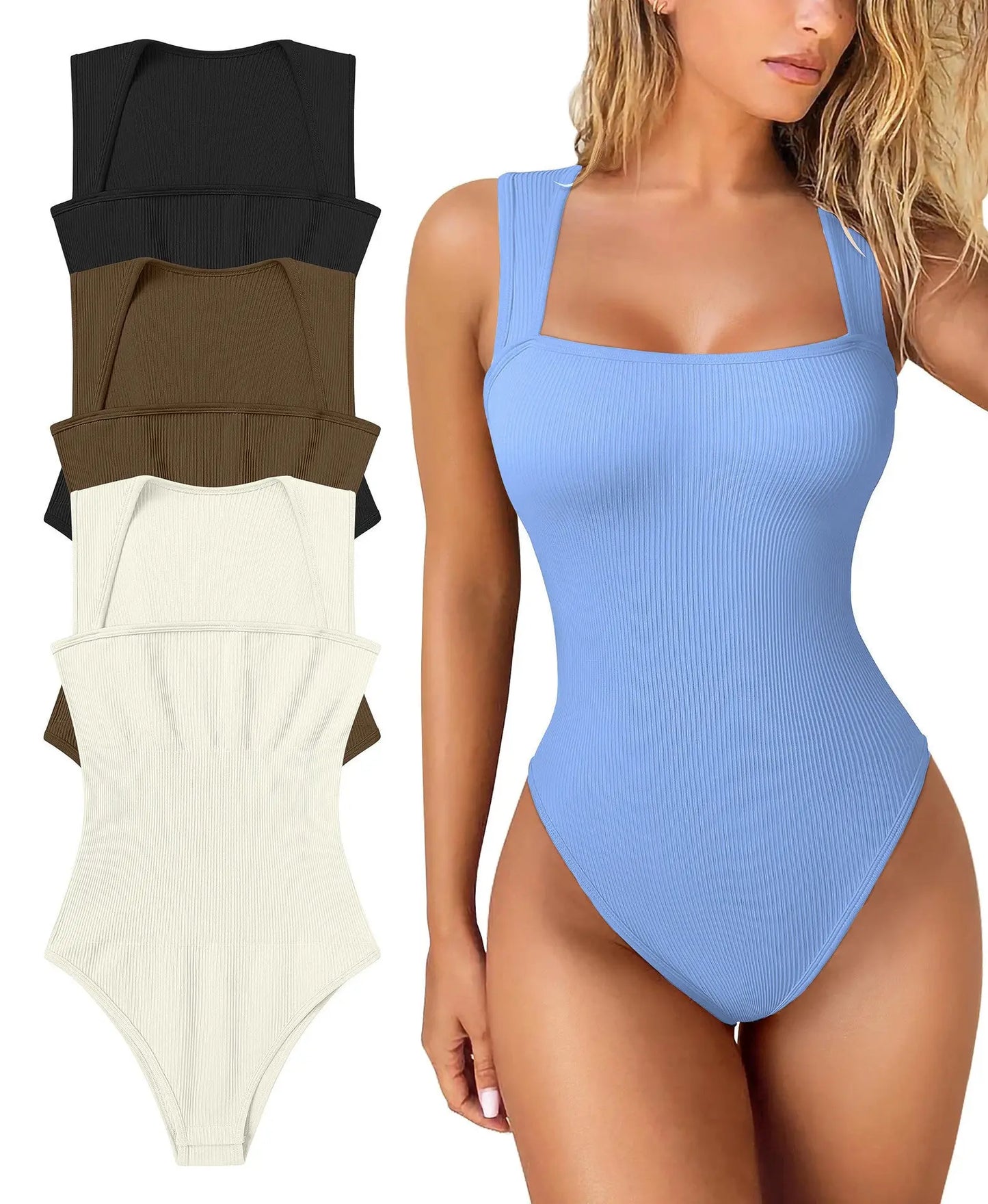 Thread Square Neck Jumpsuit Sleeveless Slim Fit Tank Top Summer Shapewear null