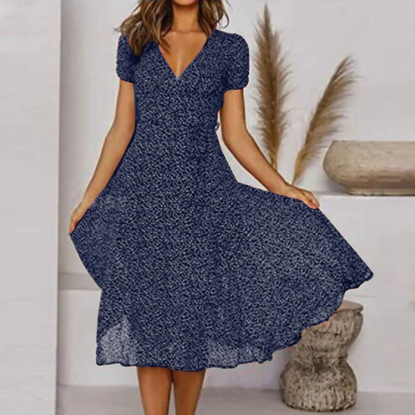 Printed V-Neck Short-Sleeved Lace-Up Dress null