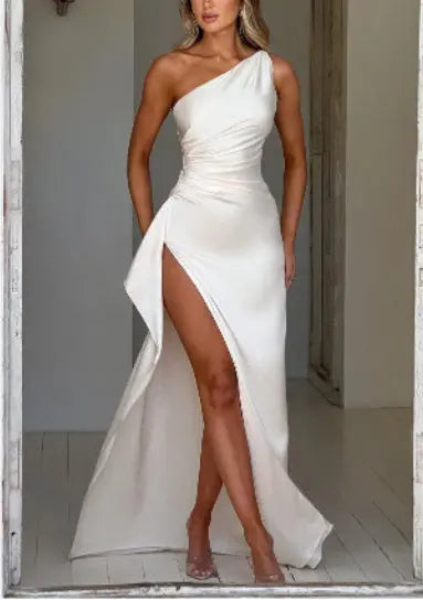 Sexy One-shoulder Backless Slit Dress Summer Elegant Slim-fit Solid Color Satin Dresses For Women null