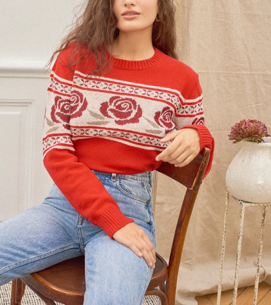 Lady's Round Neck Pullover Rose Print Sweater Nipaaj