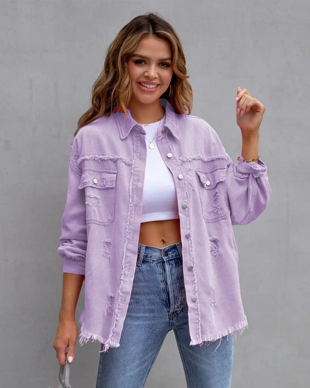 Fashion Ripped Shirt Jacket Female Autumn And Spring Casual Tops Womens Clothing null