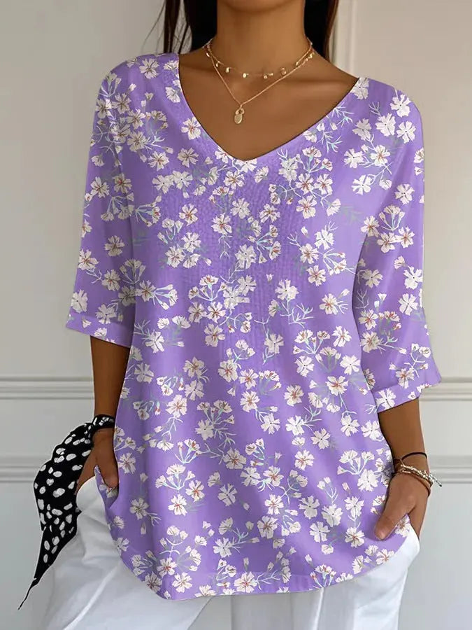New 3D Printed Women's European And American Fashion Floral V-neck Shirt Top null