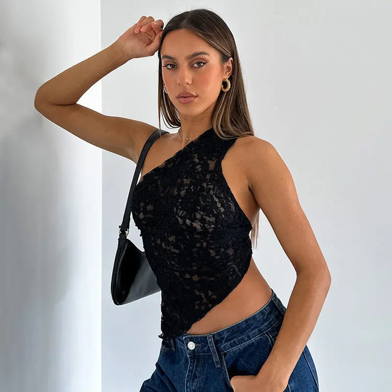 Ins Lace Backless Top Summer Solid Color Waistless Asymmetrical Sloped Neck Vest Streetwear Womens Clothes null
