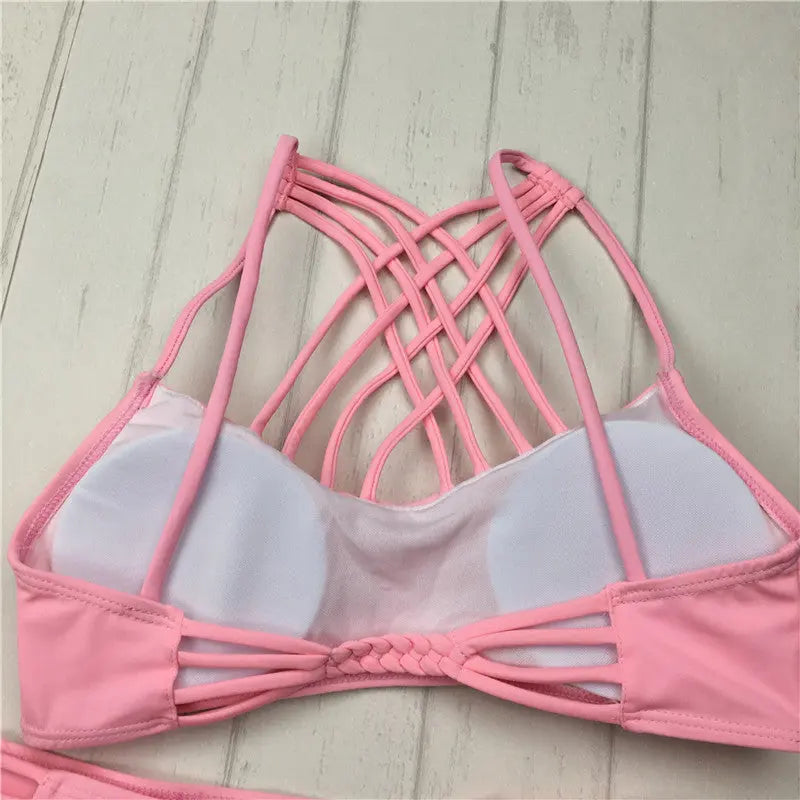 cut out Bikinis Sexy pink bandage cut out Halter bikini swimsuit women cross Women's swimwear swimming suit null