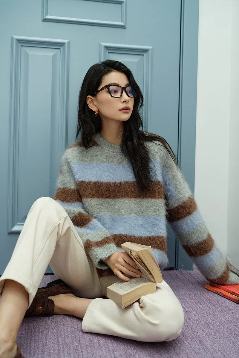 Retro High Street Color Striped Lazy Leisure Pullover Sweater Nipaaj