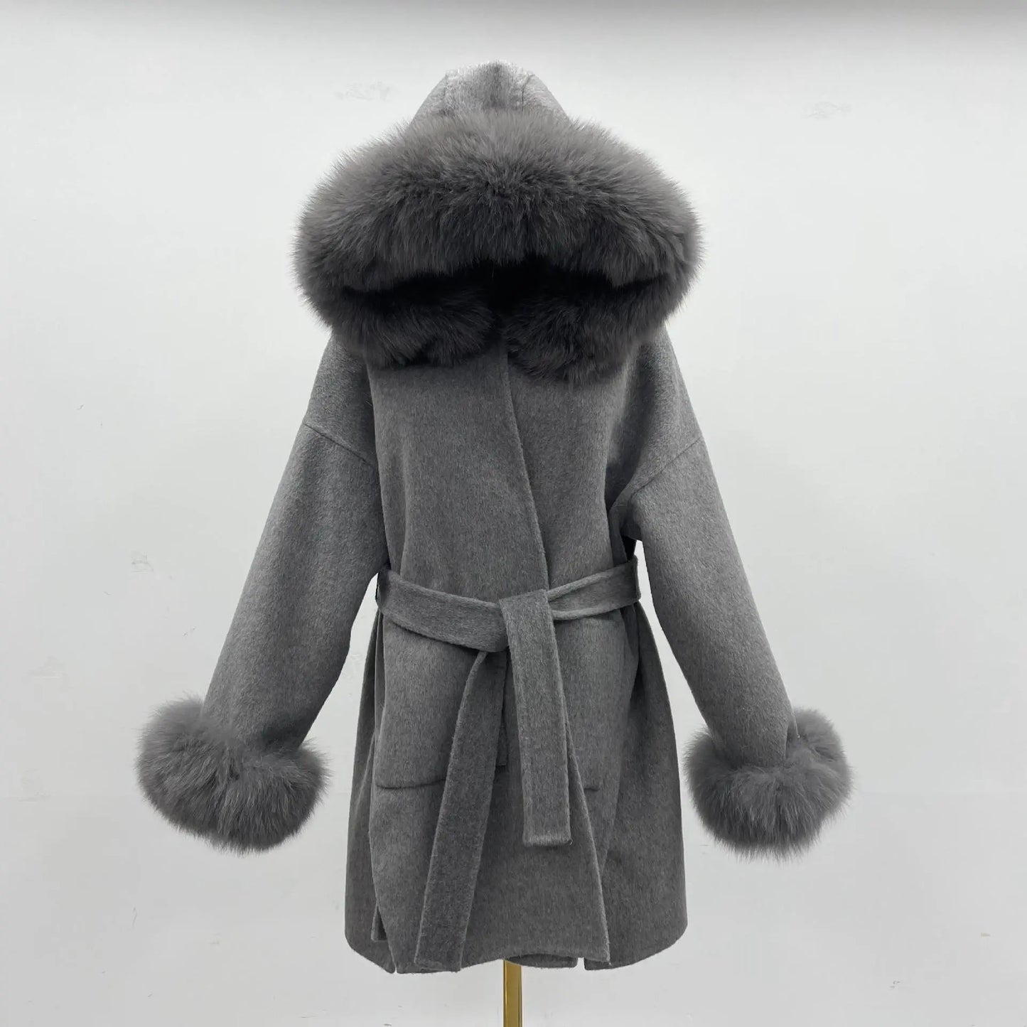 Oversized Fur Collar Hood Double-sided Woolen Coat null