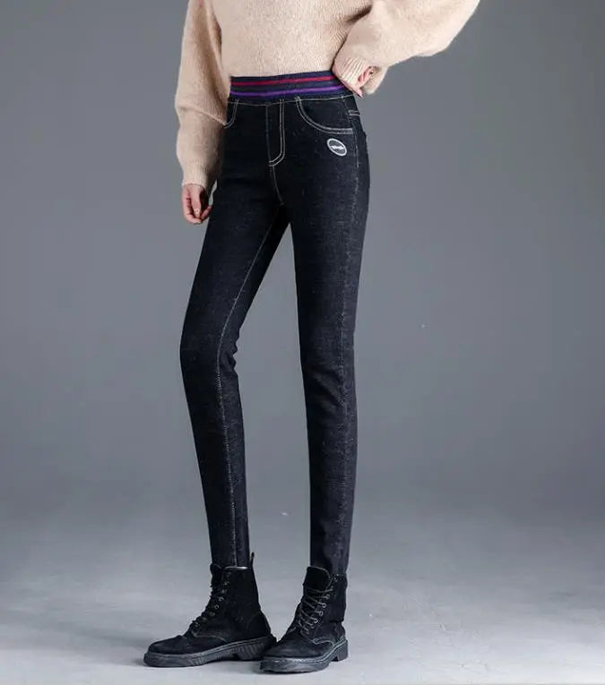 Outer wear warm stretch and fleece elastic waist jeans Nipaaj