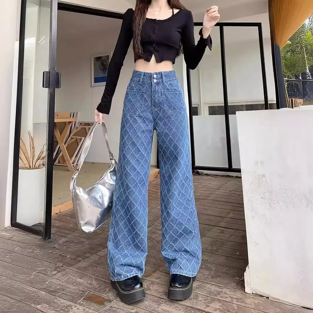 Summer Ladies New Loose Drooping Slimming Jacquard Design Straight-leg Denim Trousers Nipaaj