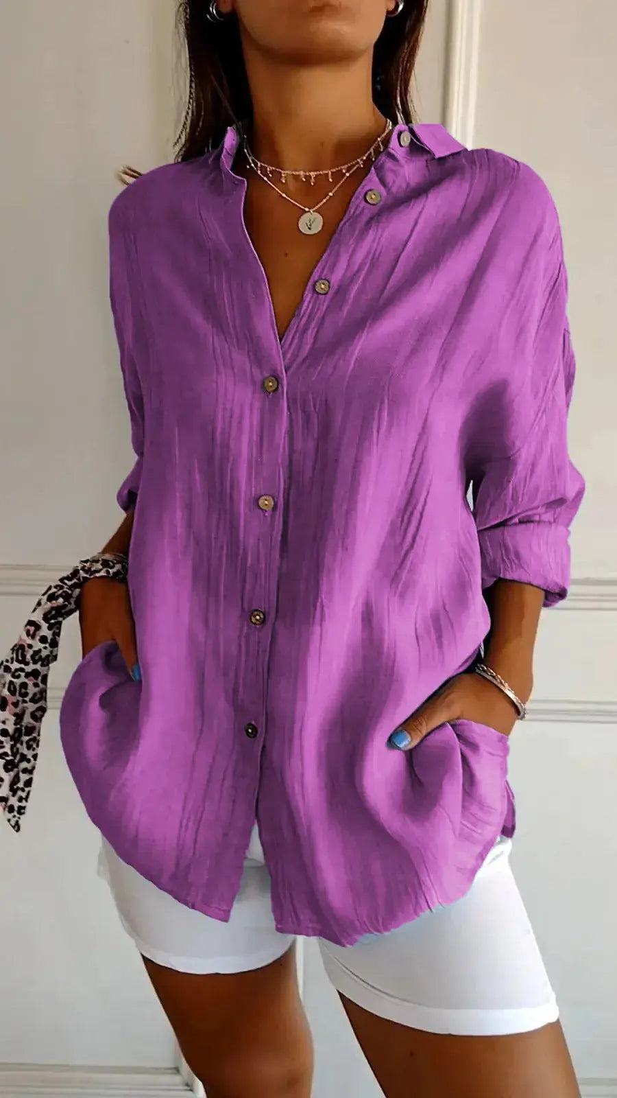 Lapel Long Sleeve Shirt Women's Single-breasted Pleated Shirt null