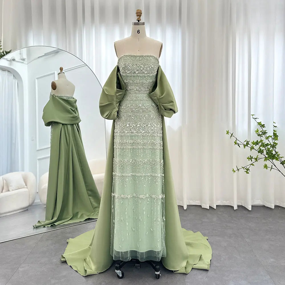 Foreign Trade Tube Top Heavy Industry Beads Off-shoulder Satin Trailing Evening Dress Nipaaj