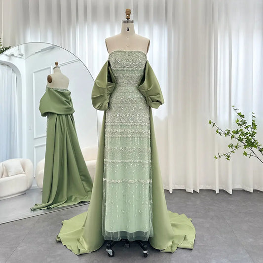 Foreign Trade Tube Top Heavy Industry Beads Off-shoulder Satin Trailing Evening Dress Nipaaj