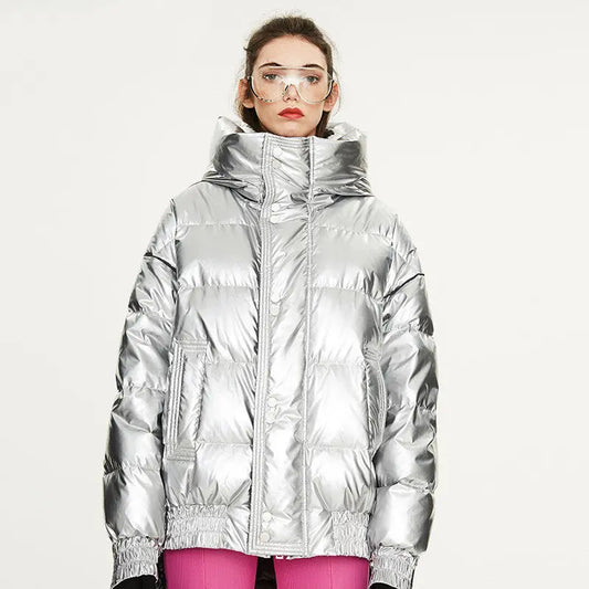 Couples Laser Glossy Thickened Loose Mid Length Down Jacket null