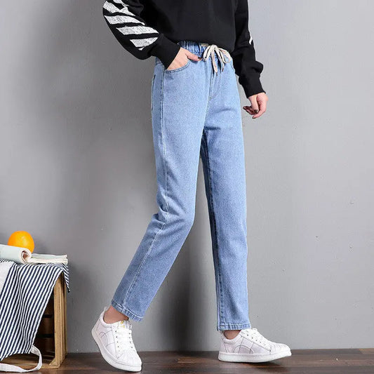 Korean Style Women's Straight Casual Elastic Waist Tied High Waist Student Jeans Nipaaj