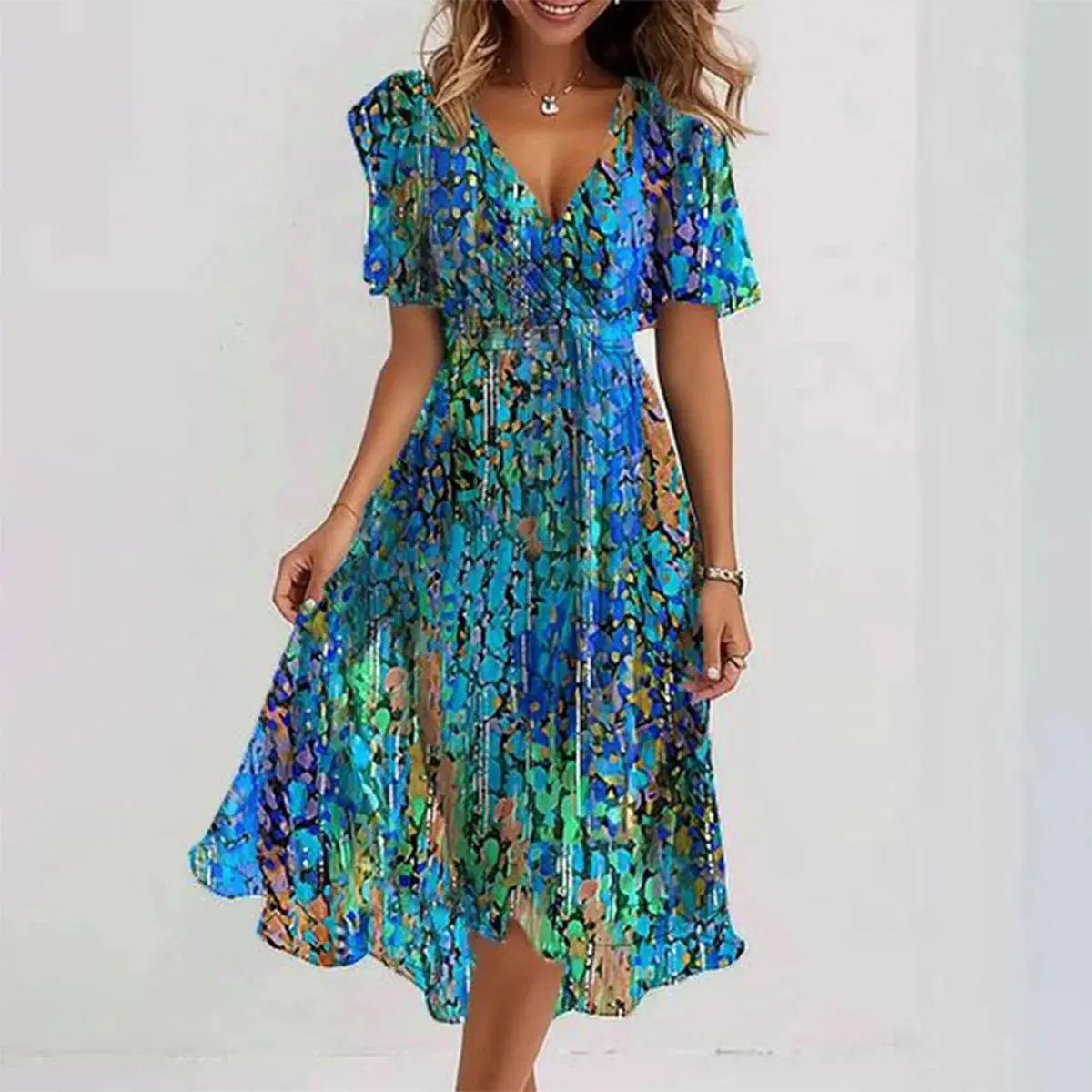 Chiffon Printed Short Sleeve Dress Summer Elegant V-neck Dresses Womens Clothing null