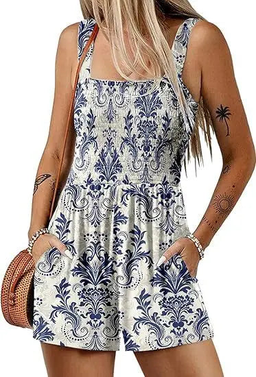 Flower Print Shorts Jumpsuit Summer Fashion Sleeveless Beach Bodysuit null
