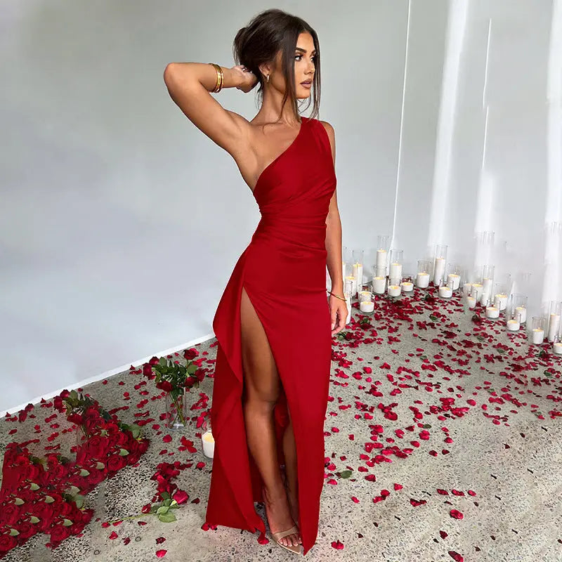 Sexy One-shoulder Backless Slit Dress Summer Elegant Slim-fit Solid Color Satin Dresses For Women null