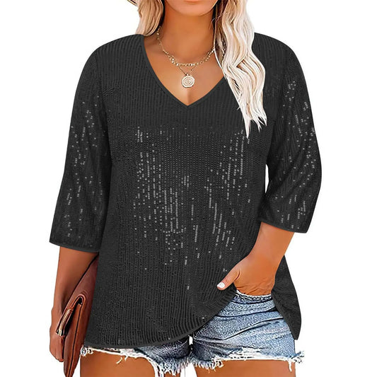 European And American Autumn And Winter Loose Top Retro Sequin Casual V-neck Sequined T-shirt For Women null