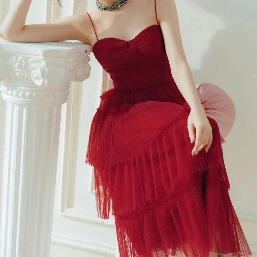 Suspender Spread Chest Temperament Dark Red Flowing Small Dress Long Skirt Nipaaj