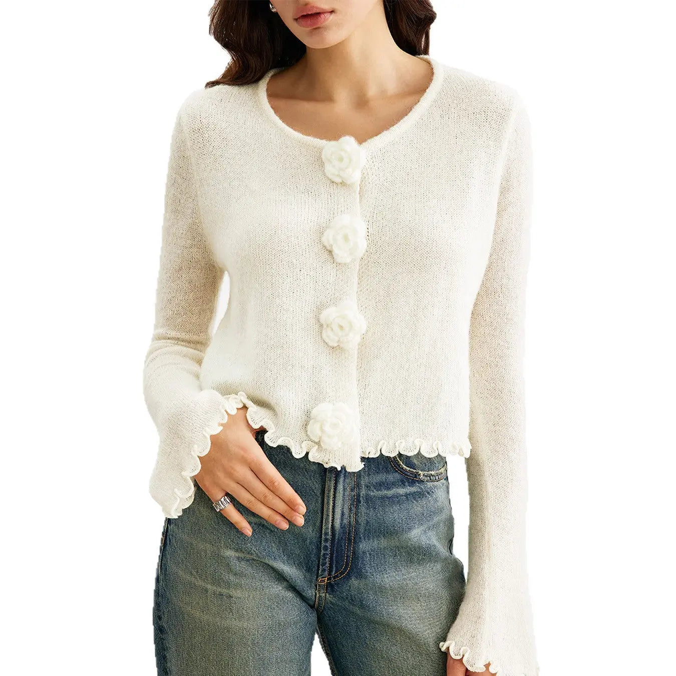 Three-dimensional Flower Slim Fit Stringy Selvedge Knitwear Nipaaj