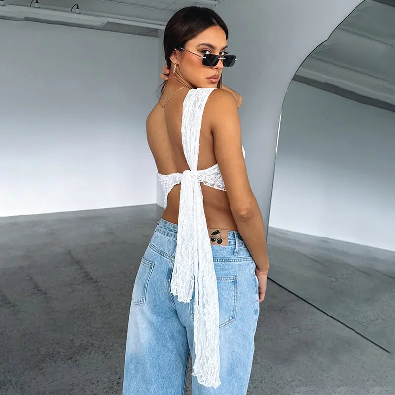 Ins Lace Backless Top Summer Solid Color Waistless Asymmetrical Sloped Neck Vest Streetwear Womens Clothes null