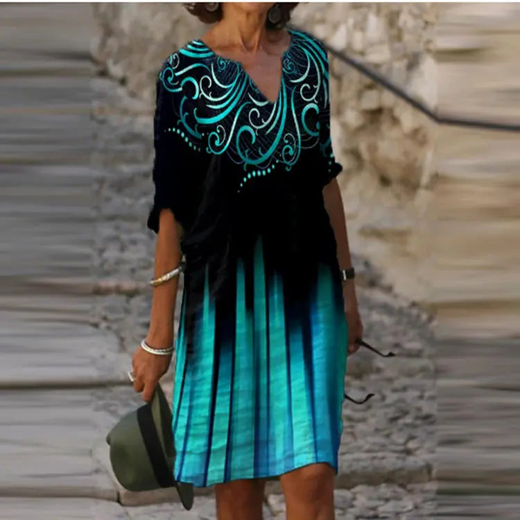 Printed Loose Floral Retro Round Neck Dress null