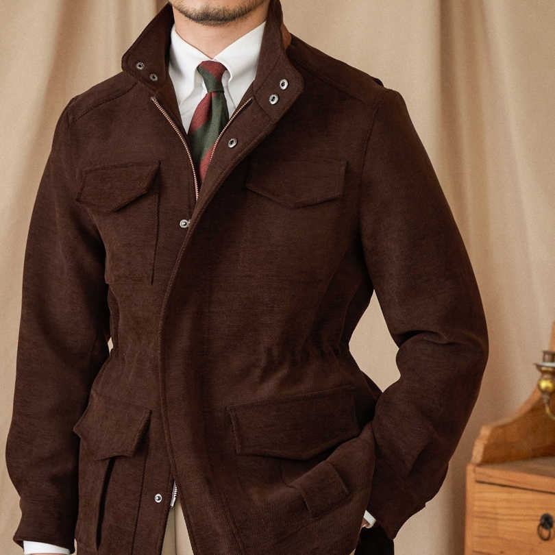 Elastic Waist Stand Collar Jacket Multi-pocket Safari Vintage Coat