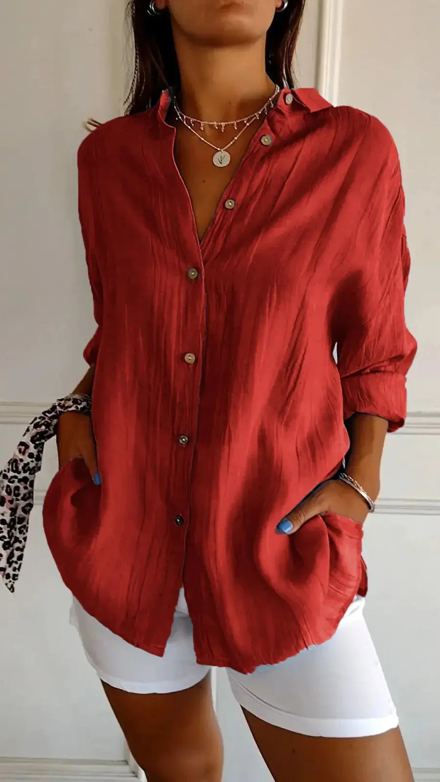 Lapel Long Sleeve Shirt Women's Single-breasted Pleated Shirt null